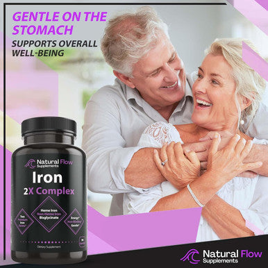 Iron Supplement 2-In-1 Complete Complex - Natural Flow 2X Heme And Chelated Non Heme Iron Bisglycinate, Folate, B And Vitamin C, For Anemia And Blood Building Support, Gentle On Stomach, 90 Caps