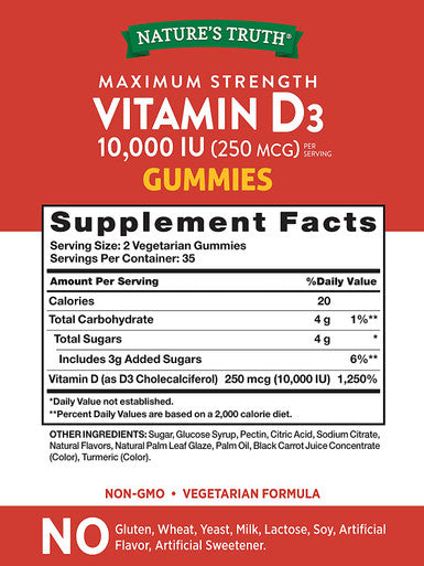 Vitamin D3 Gummies | 10000 IU | 70 Count | Vegetarian, Non-GMO & Gluten Supplement | Natural Peach Mango Flavor | by Nature's Truth