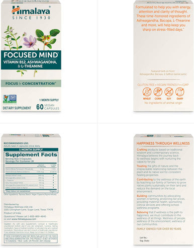 Himalaya Focused Mind With Ashwagandha, Bacopa & L-Theanine For Focus, Energy And Attention, 60 Capsules, 1 Month Supply, Vegan, Gluten Free