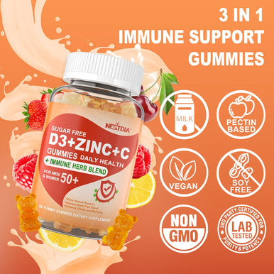 Sugar Vitamin C + D3 + Zinc Gummies For Adults 50 +, 9 In 1 Immune Defense Supplement With D3 5000Iu, Elderberry, Echinacea, Mullein Leaf For Boost Immunity, Power Antioxidant, Vegan (Pack Of 2)