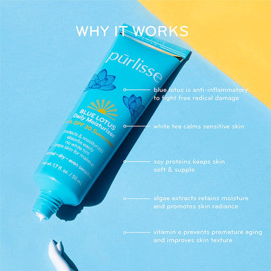 purlisse Blue Lotus SPF 30 Essential Daily Moisturizer Cruelty clean Paraben Sulfate Antiageing Reef safe formula Nongreasy Vitamin E Algae Extracts moisturize 1.7oz