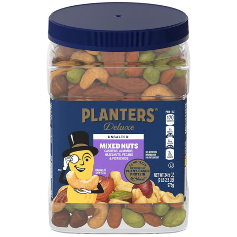 PLANTERS Deluxe Unsalted Mixed Nuts, Plant Based Protein, 34.5 Oz (1 Ct) | Mixed Nuts: Cashews, Almonds, Hazelnuts, Pecans, Pistachios. Snacks for Adults. Resealable Jar. Party Snack