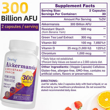 Glp-1 Supplement - 300 Billion Afu Akkermansia Muciniphila, Akkermansia Probiotic For Women & Men, For Boost Glp-1, Digestive, Gut, Immunity, Enhances Gut Lining Function & Intestinal Walls, 60 Count