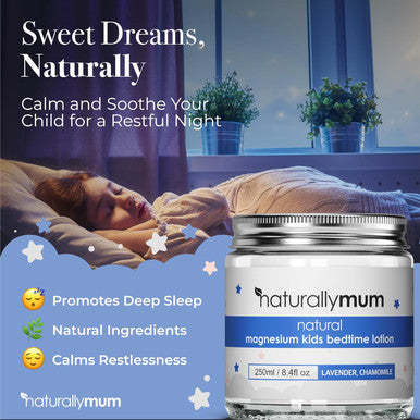 Naturallymum Kids Magnesium Bedtime Lotion for Better Sleep | All-Natural Sleeping Aid for Children | Alternative to Melatonin | Lavender & Chamomile Essential Oil | 250ml