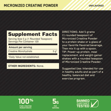 Optimum Nutrition Micronized Creatine Monohydrate Powder Unflavored Keto Friendly 120 Servings (Packaging May Vary)