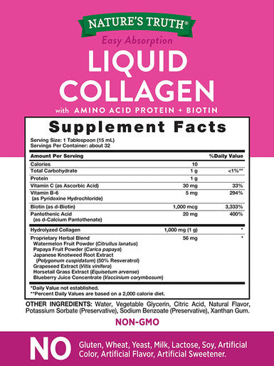 Nature's Truth Liquid Collagen 16 oz Non-GMO, Gluten Supplement Natural Berry Flavor Collagen Peptide Formula for Women and Men, Off-White (469467)