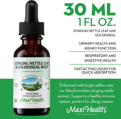 Maxi Health Stinging Nettle Leaf and Goldenseal Root Blend - Alcohol Stinging Nettle Tincture with Organic Nettle Leaf (Urtica Dioica) - Urinary Health Kidney Support - Nettle Extract Liquid Drops 1 fl oz