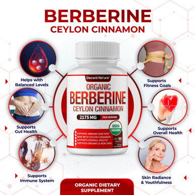 DECENT NATURE Organic Berberine with Ceylon Cinnamon 2175mg Premium berberine supplement high purity extract USDA Organic support immune system Berberine Plus Complex Non GMO Vegan for Men Women 90 Capsules