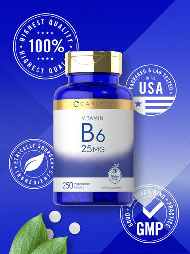 Carlyle Vitamin B6 | 25mg | 250 Tablets | Vegetarian Non-GMO & Gluten Supplement
