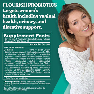 Eu Natural Flourish Probiotics + Prebiotics for Women Gut and Digestion Urinary Tract Reduce Bloating Vaginal Health 18 Clinically Proven Strains 14 Billion CFU 30 Shelf-Stable Mini Vegan Capsules