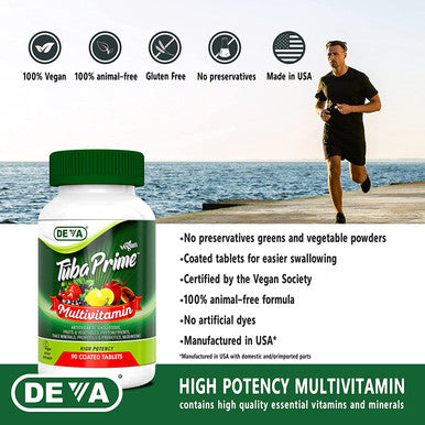 Deva Tuba Prime Vegan Multivitamin Iron- - High-Potency Vitamin & Mineral Dietary Supplement - Antioxidants, Fruit & Vegetable Blend, Super Mushrooms, Probiotics, Prebiotics, Seeds, Herbs 90 Tabs