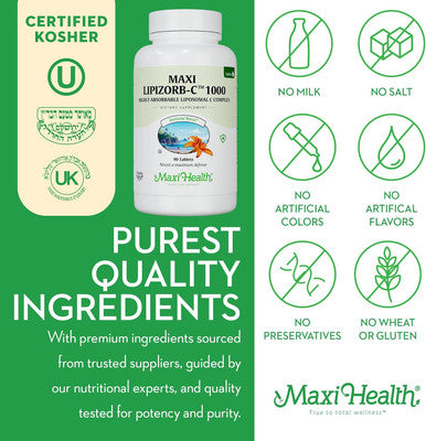 Maxi Health Liposomal Vitamin C - Liposomal VIT C - 1000mg Tablets with Digestive Blend - Highly Absorbable High Dose VitaminC - Non GMO Kosher Vegetarian Doctor-Formulated Immune Support Supplement (90 Count)