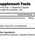 LongLifeNutri Rhodiola Rosea Supplement Root Extract 500Mg Pills - 180 Vegetarian Capsules | 500 Mg Pure Herb Powder