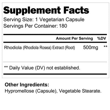 LongLifeNutri Rhodiola Rosea Supplement Root Extract 500Mg Pills - 180 Vegetarian Capsules | 500 Mg Pure Herb Powder