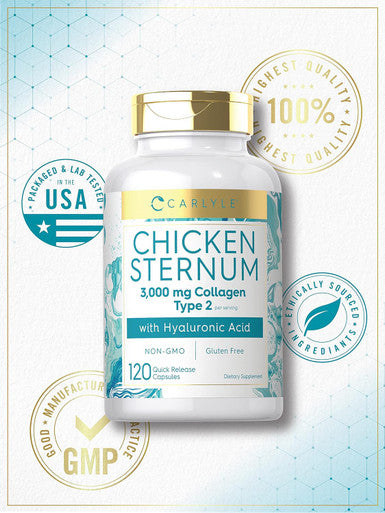 Carlyle Chicken Sternum Cartilage Collagen Capsules | Type II 3000mg | 120 Pills | with Hyaluronic Acid | Non-GMO Gluten