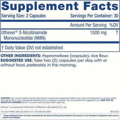 ProHealth Longevity NMN Pro 1000 Enhanced Absorption Uthever Brand Stabilized UltraPure Pharmaceutical Grade NMN to Boost NAD 60 Capsules 1000 mg per 2 Capsule Serving