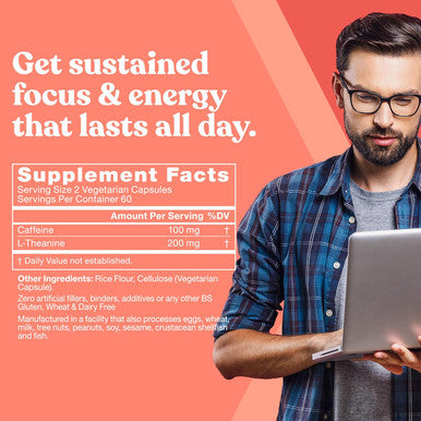 Elite Caffeine Pills With L-Theanine Jitter-Focused Energy Supplements Clean & Natural Nootropic Stack For Smart Cognitive Performance 120 Soft Capsules