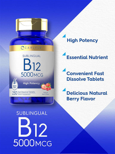 Carlyle Vitamin B12 5000mcg | 250 Fast Dissolve Tablets | Natural Berry Flavor | Vegetarian Non-GMO Gluten