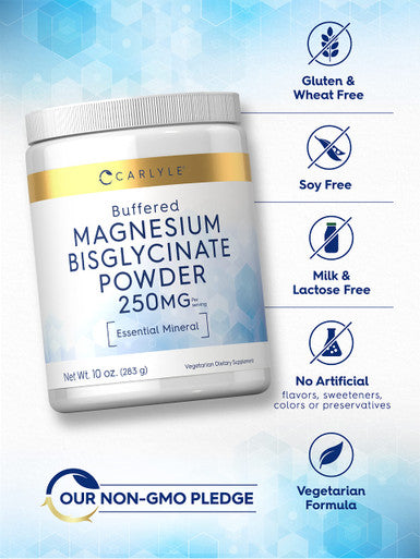Magnesium Bisglycinate Powder | 250Mg | 10 Oz | Vegetarian, Non-Gmo, & Gluten Free Supplement | By Carlyle