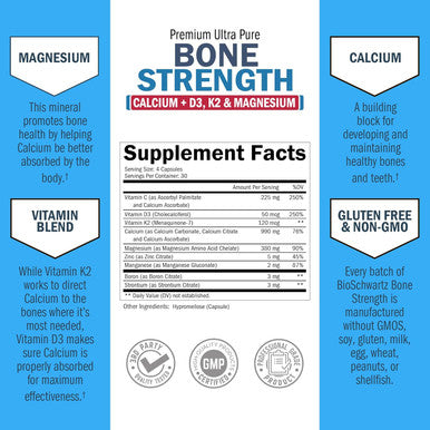 Bone Strength Calcium Supplement - With Calcium, Vitamin D3, K2, C, Magnesium, Zinc - 8 Bone-Building Nutrients, High Absorption, Non-Constipating Formula - 120 Veggie Capsules For Optimal Bone Health