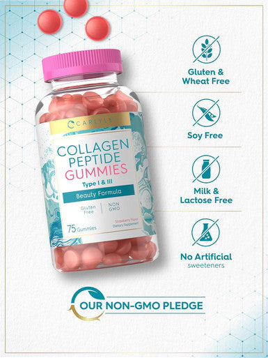 Carlyle Collagen Gummies | Strawberry Flavor Beauty Supplement | Hydrolyzed Collagen Peptides for Women & Men | Type 1 & 3 | Non-GMO Gluten