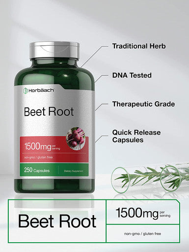 Beet Root Powder Capsules 1500mg | 250 Pills | Herbal Extract | Non-GMO, Gluten Free, and DNA Tested Supplement | by Horbaach