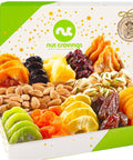 NUT CRAVINGS - Purim Mishloach Manot Dried Fruit & Mixed Nuts Gift Basket in Reusable Wooden Tray + Ribbon (12 Assortments) Ramadan Gifts Food Arrangement, Healthy Snack Care Package, Kosher