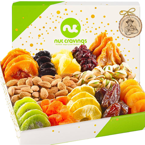 NUT CRAVINGS - Purim Mishloach Manot Dried Fruit & Mixed Nuts Gift Basket in Reusable Wooden Tray + Ribbon (12 Assortments) Ramadan Gifts Food Arrangement, Healthy Snack Care Package, Kosher