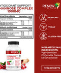 Renew Actives High Potency D-Mannose & Cranberry Complex 1000Mg With Premium Hibiscus, Dandelion Herb Extracts Antioxidant Support - No Artificial Flavours - Easy To Swallow Capsules