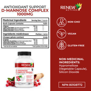 Renew Actives High Potency D-Mannose & Cranberry Complex 1000Mg With Premium Hibiscus, Dandelion Herb Extracts Antioxidant Support - No Artificial Flavours - Easy To Swallow Capsules