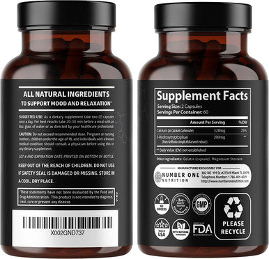N1N Premium 5HTP 200mg Plus Calcium for Sleep and Mood Support from Griffonia Seed Extract Non GMO and Gluten Free 120 Caps