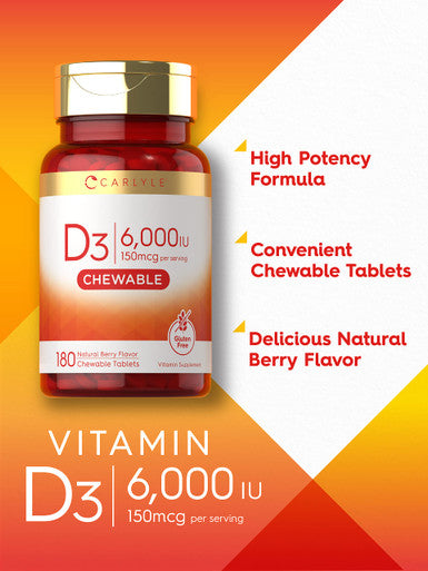 Carlyle Chewable Vitamin D3 6000 Iu Tablets | 180 Count | Natural Berry Flavor | Vegetarian, Non-Gmo And Gluten Free