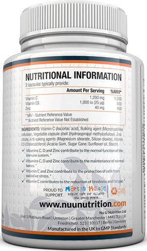 Immune Support - Vitamin C 1200mg and Zinc 40mg & Vitamin D3 1000IU - 180 Vegetarian Capsules - 3 Month Supply - Made in The UK by Nu U Nutrition