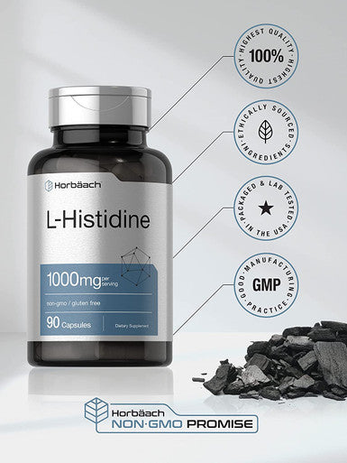 Horbaach L-Histidine 1000mg 90 Capsules | Non-GMO and Gluten Free | Pharmaceutical Grade