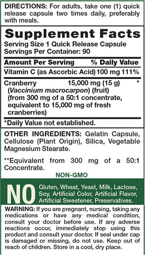 Nature's Truth Triple Strength Cranberry Concentrate 15000 mg Plus Vitamin C Capsules, 90 Count