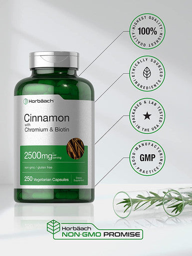 Cinnamon Capsules 2500mg | 250 Count | with Chromium & Biotin | Vegetarian, Non-GMO, Gluten Free | by Horbaach