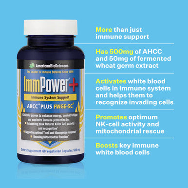 American BioSciences ImmPower Plus, AHCC & Fermented Wheat Germ Extract Herbal Supplement, 550mg per Capsule for Immune Support, Maintains Natural Killer Cell Activity, Pack of 1, 60 Veggie Capsules - AHCC + FWGE-SC