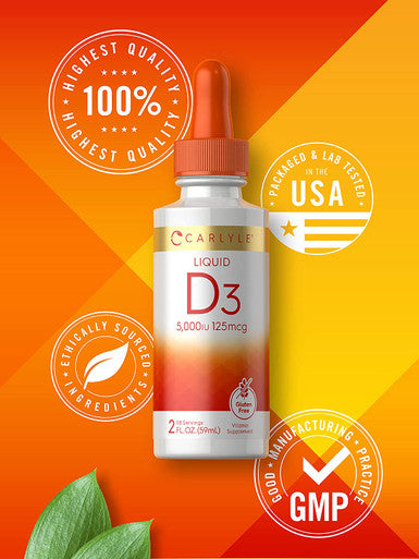 Carlyle Liquid Vitamin D3 5000 IU (125 mcg) 2 oz Vegetarian, Non-GMO, and Gluten Free Supplement Vitamin D Liquid Drops for Adults