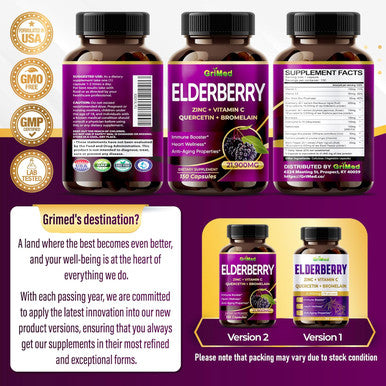Grimed Elderberry 21,900Mg - X15 Power With Zinc, Vitamin C, Quercetin, Bromelain - Immune Booster, Anti-Aging Properties - Made In Usa (150 Count (Pack Of 1))