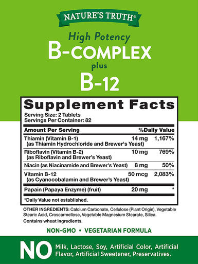 Vitamin B Complex | Plus B12 | 165 Tablets | Vegetarian, Non-GMO & Gluten | by Nature's Truth
