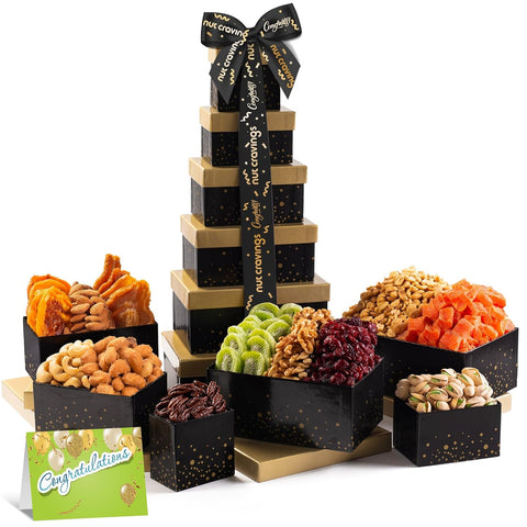 NUT CRAVINGS - Purim Mishloach Manot Dried Fruit & Mixed Nuts Gift Basket, Green Tower + Ribbon (12 Assortments) Ramadan Gifts Food Arrangement, Healthy Snack Care Package, Kosher