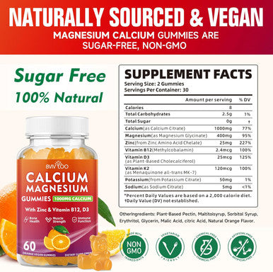 Calcium Gummies 1000Mg With Vitamin D3 K2 & B Complex, Potassium, Calcium Magnesium Zinc Gummies For Bone, Muscle, Mood And Immunity - Orange Flavor 60 Gummies