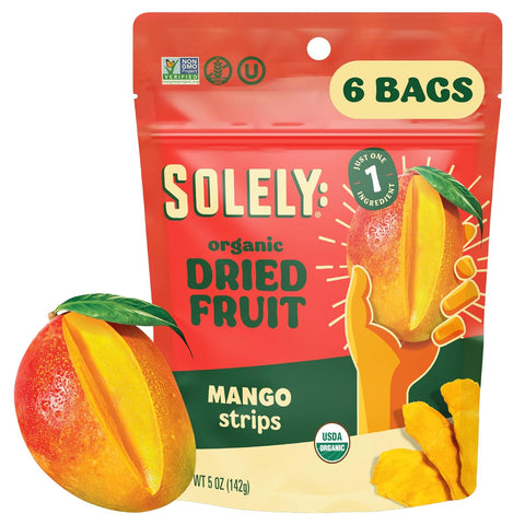 SOLELY - Organic Dried Mango Strips (5 oz Resealable Bags, Pack of 6) - Real Fresh Fruit - 1 Ingredient - Healthy Snacks for Adults & Kids - Non GMO, Vegan Snacks, Shelf Stable - 6 Bags (30 oz)