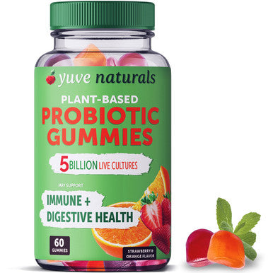 Yuve Vegan Probiotic Gummies, Probiotics For Women & Men, Sugar & Gluten-Free Gummy Probiotics, Digestive & Immune Support, 5 Billion Cfu, Helps With Constipation, Bloating & Leaky Gut, Non-Gmo - 60Ct