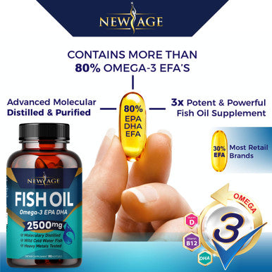 Omega 3 Fish Oil 2500mg Supplement by New Age - 2 Pack ÃƒÂ¢Ã¢â€šÂ¬Ã¢â‚¬Å“ Immune & Heart Support ÃƒÂ¢Ã¢â€šÂ¬Ã¢â‚¬Å“ Promotes Joint, Eye, Brain & Skin Health - Non GMO 180 Softgels - EPA, DHA Fatty Acids Gluten Free