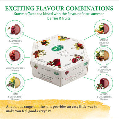 Acorus Summer Taste Tea Set | Perfect for Making Iced Tea | Natural Assorted Tea Hamper Box Set | Large Selection Box 60 Tea Bags | Tea Sets | 6 Fruit and Berry Tea Flavour Sampler