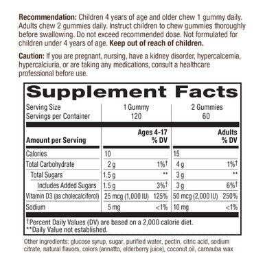 Natures Way Vitamin D3, Immune Support, 2000 IU (50 mcg) per Serving, Fruit Flavor, 120 Gummies