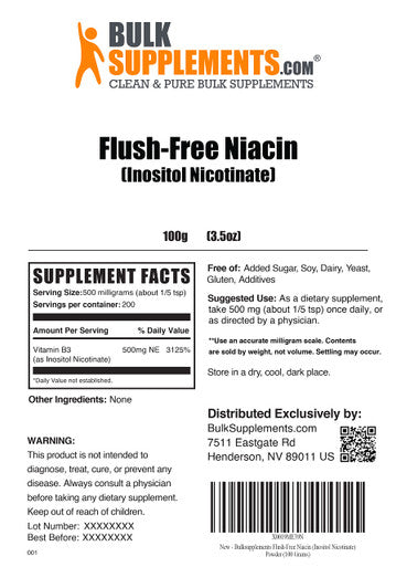 BulkSupplements Flush Free Niacin Powder - Vitamin B3 Supplement, No Flush Niacin - - 500mg , 200 Servings (100 Grams - 3.5 oz)