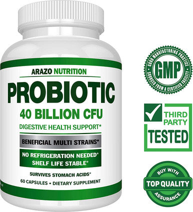 Probiotic 40 Billion CFU Shelf Stable with Prebiotics and Acidophilus Stable Potency Until Expiration Time Delay Release Probiotics Arazo Nutrition