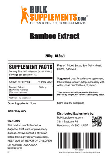 BulkSupplements Bamboo Extract Powder - Silica Supplements, from Bamboo Leaf & Stem, Bamboo Powder for Bones - 500mg of Bamboo Extract , (250 Grams - 8.8 oz)